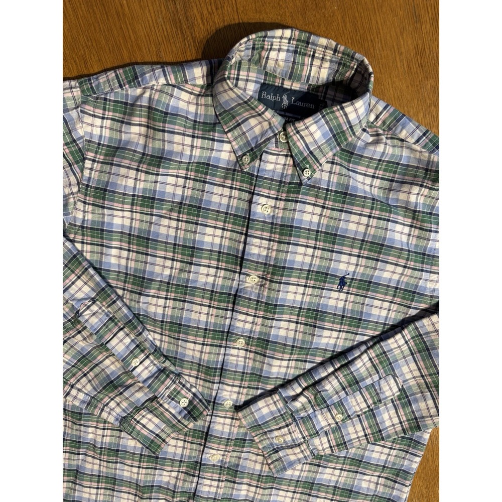 Polo Ralph Lauren Custom Fit Green‎ Plaid Oxford Cloth Button Down Shirt Mens M